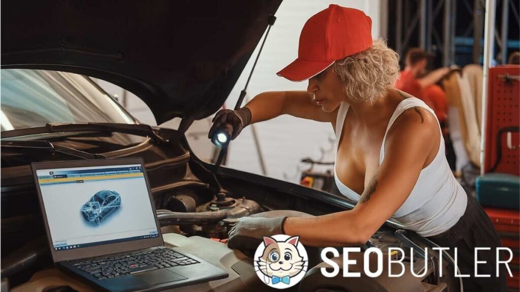A female mechanic wearing a red cap, white tank top, and gloves is inspecting a car engine with a flashlight. A laptop on the engine bay displays a 3D model of a car for diagnostics. The workshop background includes tools, equipment, and other workers.