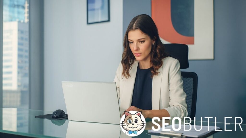 A professional woman with long wavy hair, wearing a cream blazer and navy top, works on a silver ASUS laptop at a glass desk in a modern high-rise office.