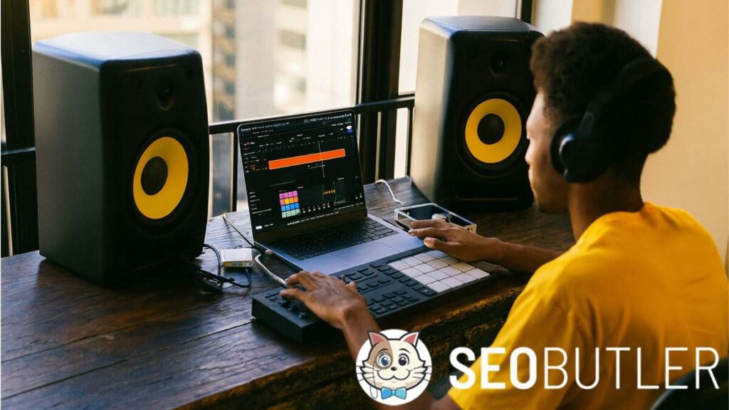 A young music producer wearing headphones uses a laptop with FL Studio open, connected to a MIDI controller, with two yellow studio monitors on a wooden desk by a window.