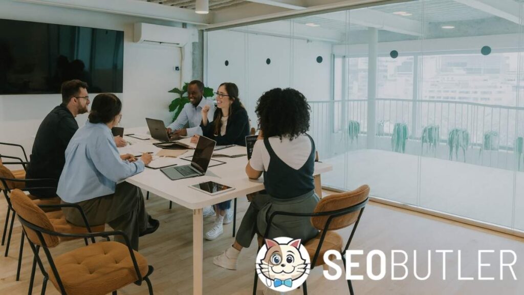 A group of five diverse professionals sit around a modern conference table in a bright, glass-walled office, engaged in a lively discussion with laptops open.
