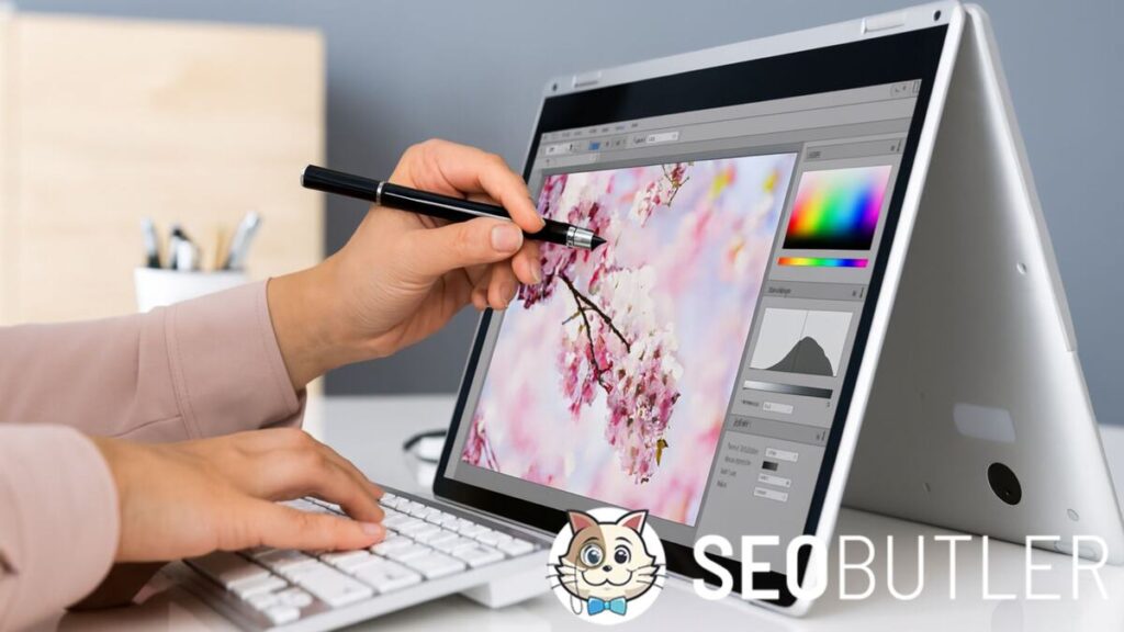 A person uses a stylus to draw cherry blossoms on a 2-in-1 laptop in tent mode, with a wireless keyboard on the desk in a modern workspace.