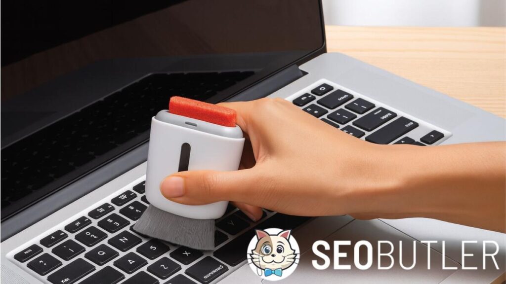 A person’s hand uses a compact cleaning brush with soft bristles and a red felt pad to sweep dust from a silver laptop keyboard on a wooden desk.