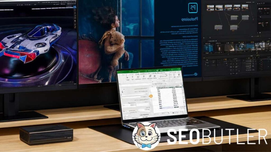 A sleek laptop on a wooden desk connected to three 4K monitors, displaying video editing, Photoshop, and 3D design software with an external GPU.