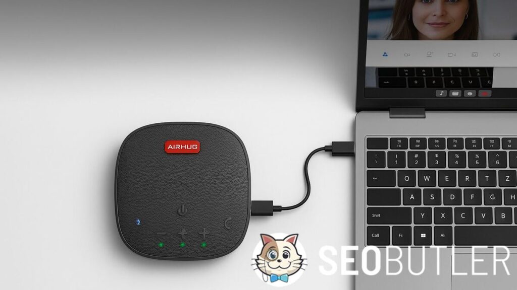 AIRHUG external speakerphone connected to a silver laptop via USB-C cable, placed on a clean white surface. The laptop screen shows a video call with a woman, highlighting the modern and minimal workspace setup.