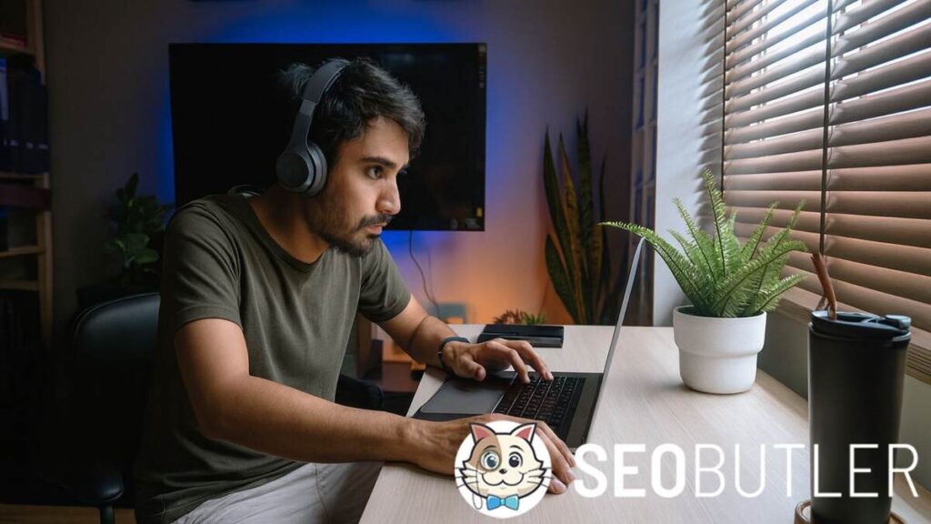 A focused man wearing headphones works on a laptop at a wooden desk near a window with blinds, a potted plant, and a tumbler.