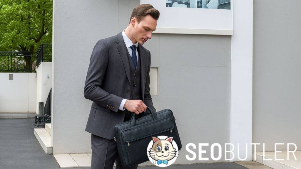 A man in a gray pinstripe suit with a blue tie holds a sleek black leather laptop briefcase while standing outside a modern white building.