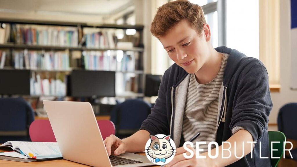 A young male student with short brown hair studies in a library, using a silver laptop while writing notes on paper, with books and shelves in the background.