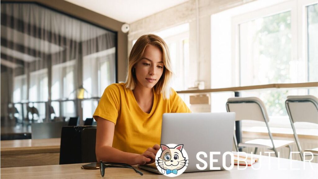 A young woman in a yellow shirt sits at a wooden table in a bright, modern coworking space, focused on her laptop with glasses and a notebook nearby.