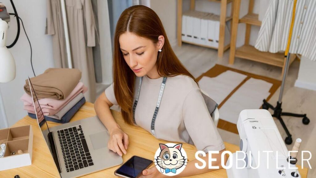 A young female fashion designer sits at a wooden desk in a bright studio, working between a laptop and smartphone. She has a measuring tape around her neck, colorful fabric swatches in hand, with sewing tools, threads, and folded fabrics neatly arranged on the desk. A sewing machine and clothing patterns are visible in the background.