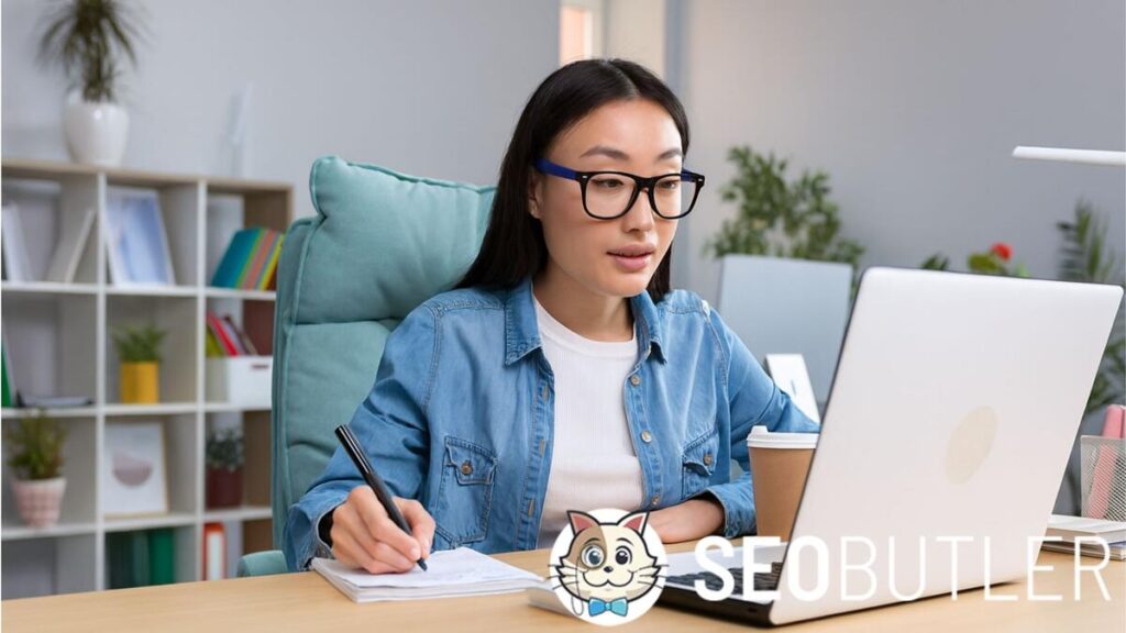 A young woman wearing glasses and a denim jacket is sitting at a desk, writing in a notebook while working on a laptop with a coffee cup beside her.