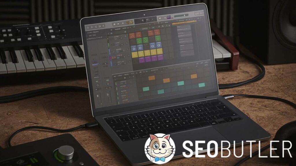 A laptop on a wooden desk running music production software with colorful audio tracks displayed, surrounded by a MIDI keyboard, audio interface, headphones, and a studio monitor speaker.