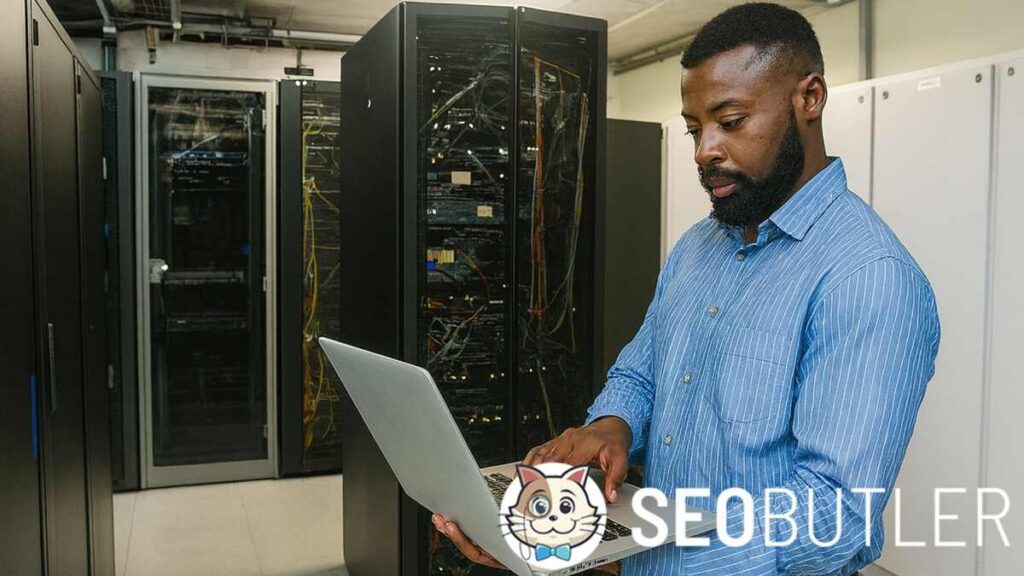 A network engineer in a striped blue shirt works on a laptop inside a server room, surrounded by server racks and networking equipment.