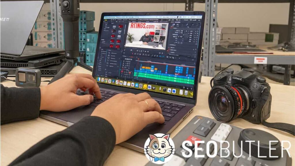 A person editing video footage on a laptop using DaVinci Resolve, surrounded by camera gear including a GoPro, Lumix camera, tripod, and editing console on a desk in a tech workspace.