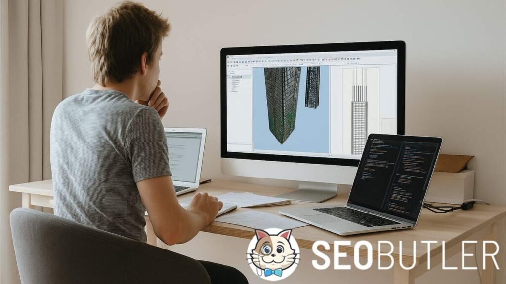 A civil engineer working at a desk with a desktop monitor displaying a 3D building model, alongside two laptops showing coding and documents in a bright home office.