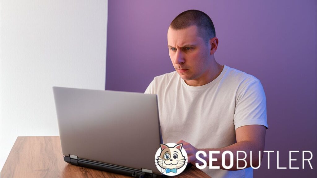 A focused man in a white t-shirt sits at a wooden table, using a silver laptop, with a serious expression under purple-toned lighting.