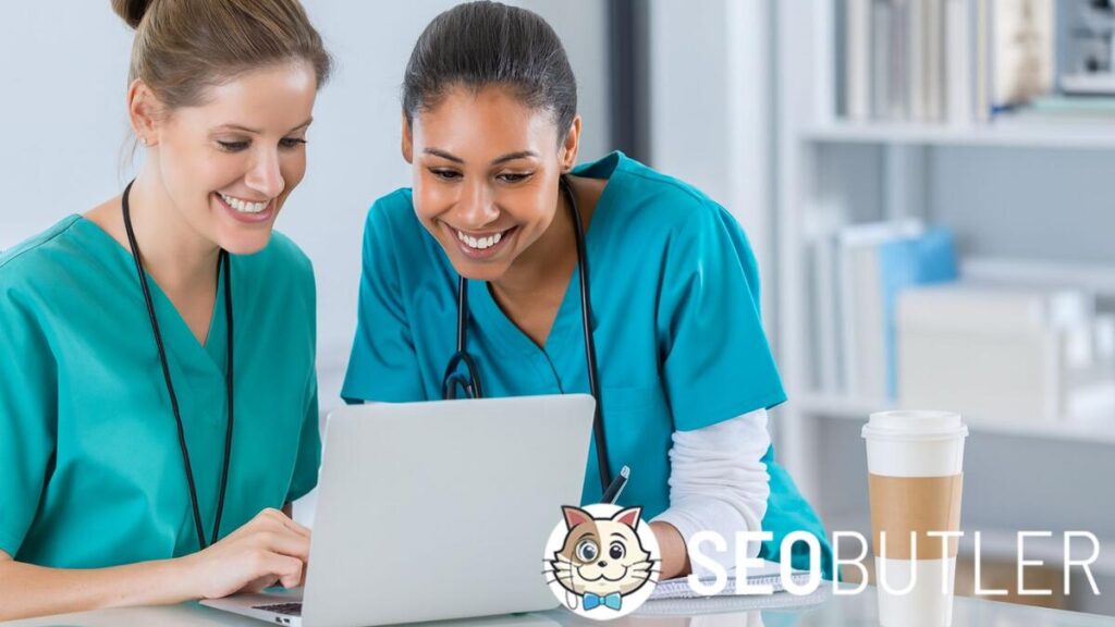 Two nursing students in teal scrubs smile while working together on a laptop in a bright classroom. A notebook and coffee cup sit on the table beside them.