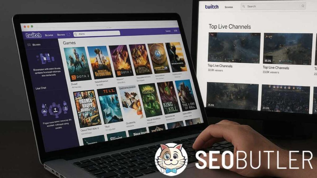A person using a MacBook Pro to browse Twitch’s game directory, with an external monitor showing the Top Live Channels page.