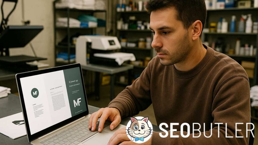 A man in a green sweatshirt sits at a worktable in a printing workshop, typing on a white laptop with a blank screen. Behind him are shelves stocked with paper rolls, boxes, and colorful containers. A heat press and large-format printer are nearby, showcasing a professional sublimation printing environment.