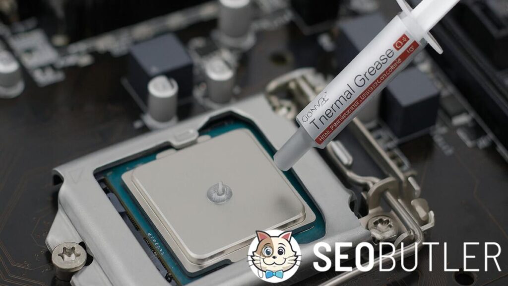 Close-up of a syringe applying thermal compound grease onto a laptop CPU, with silver paste placed at the center of the processor on a motherboard.