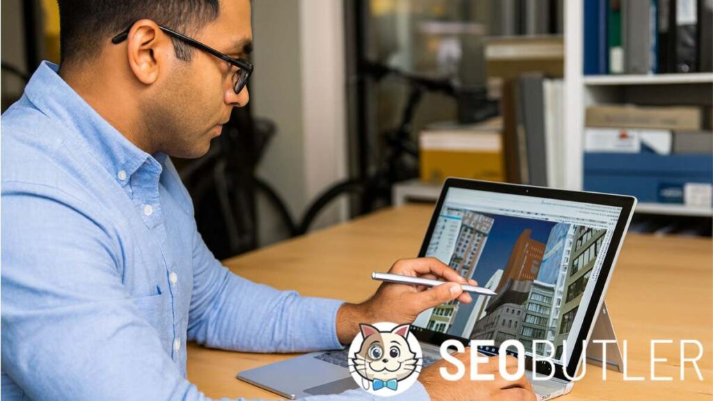 An architect using a touch screen laptop with a stylus pen to design modern buildings in 3D, seated at a wooden desk in a bright, contemporary office setting.