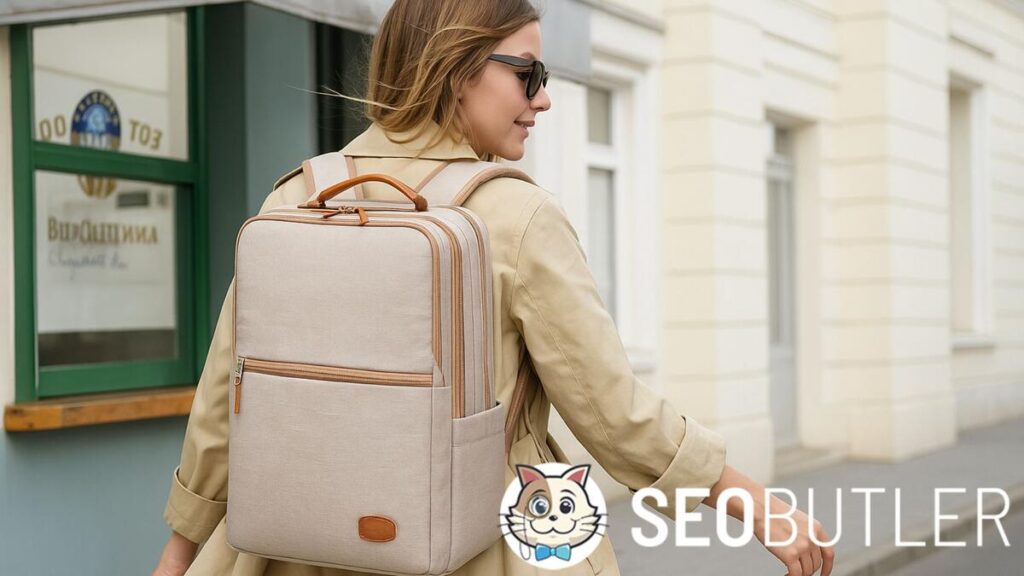 A woman wearing a beige trench coat and sunglasses walks along a city sidewalk, carrying a stylish beige laptop backpack with tan leather accents.